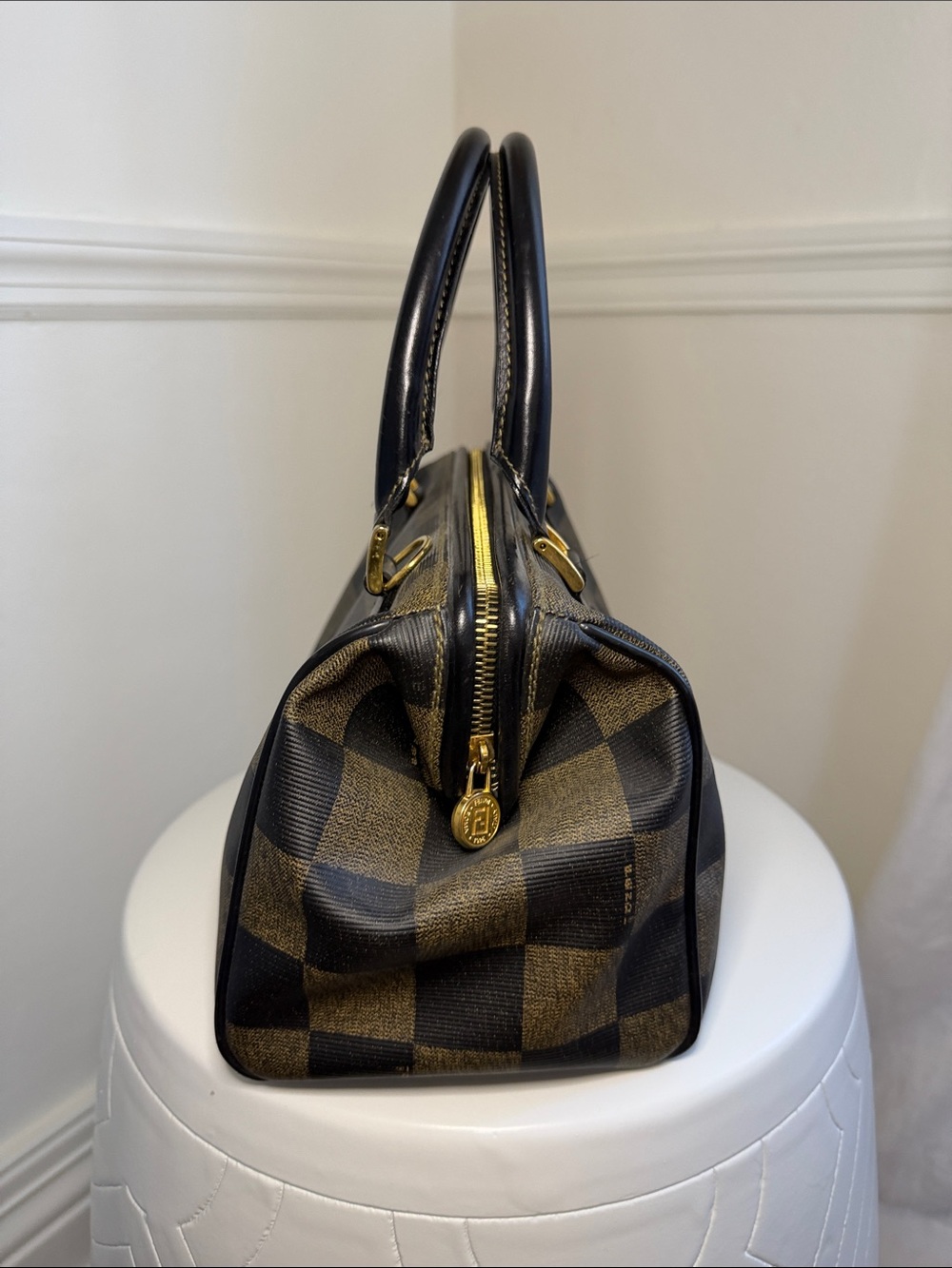 Fendi Brown and Black Checker Boston Bag - Picture 3 of 10